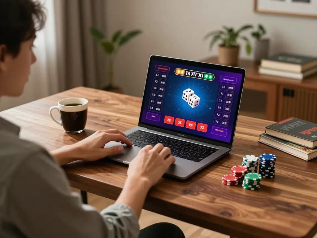 Tài xỉu online gaming session with player engaged at laptop, showcasing betting options and die results.