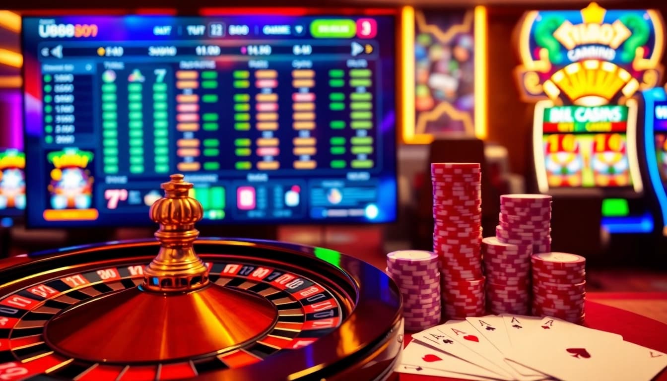 U888 online betting interface showcasing luxury casino elements with vibrant roulette and poker setup.