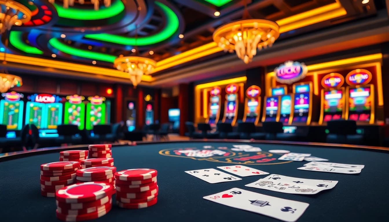 Experience the thrill of LUCK8 casino with vibrant gaming tables and colorful slot machines.