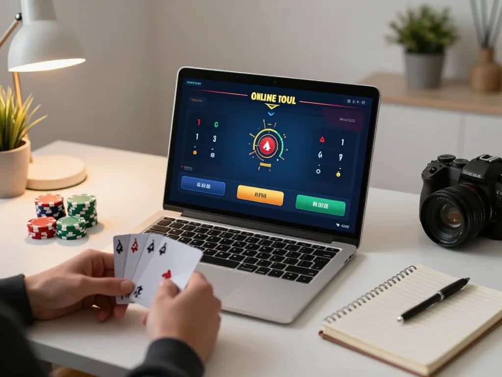 Engaged player strategizing in an online poker game at nk88 with laptop and cards