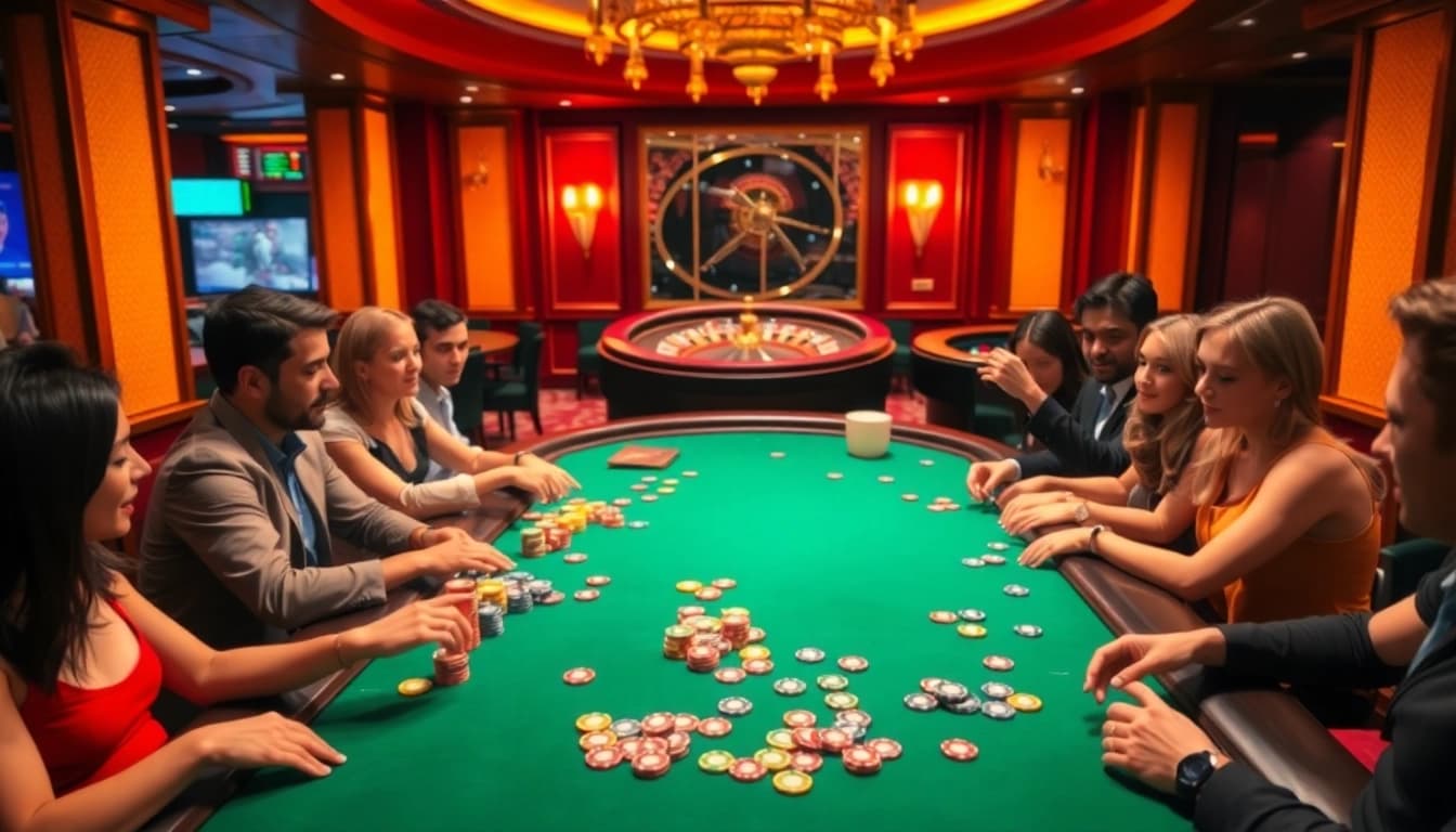 Engage in thrilling action at the game bài đổi thưởng uy tín poker table, showcasing excitement and luxury.