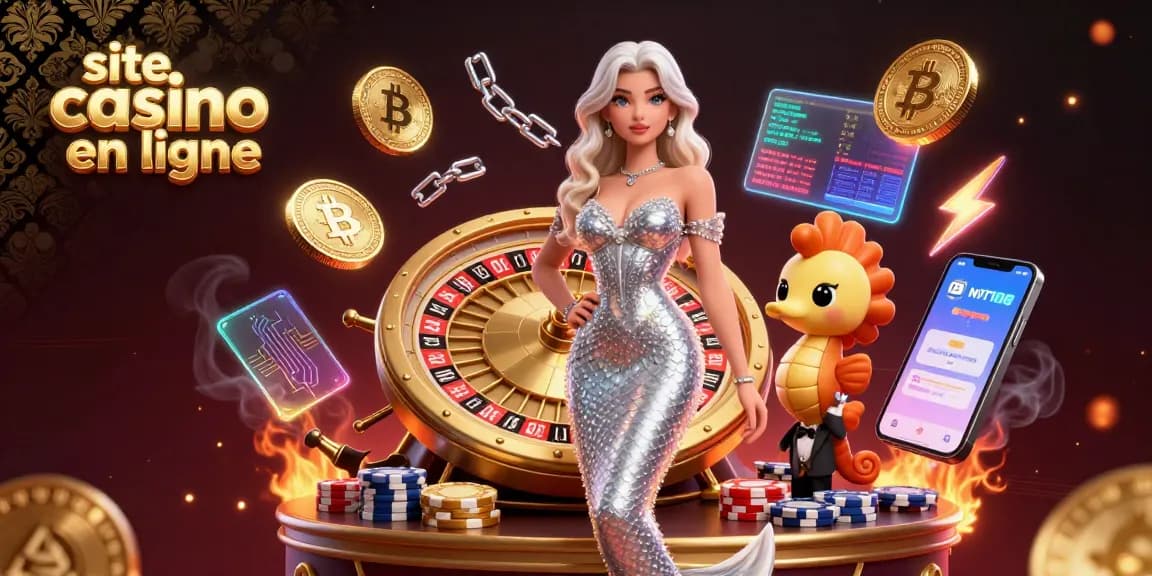 Engage with a dazzling scene of site casino en ligne featuring a stunning woman beside a golden roulette wheel and crypto coins.