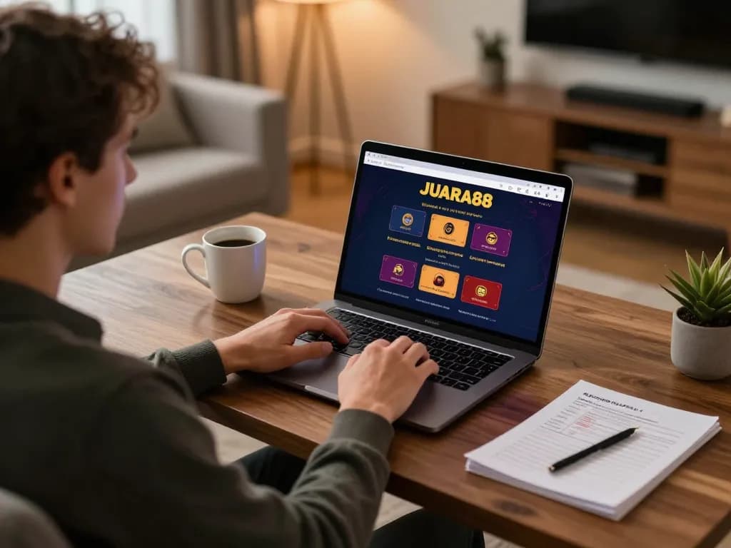 Engaging online gaming session on JUARA88 platform with laptop setup in cozy home environment.