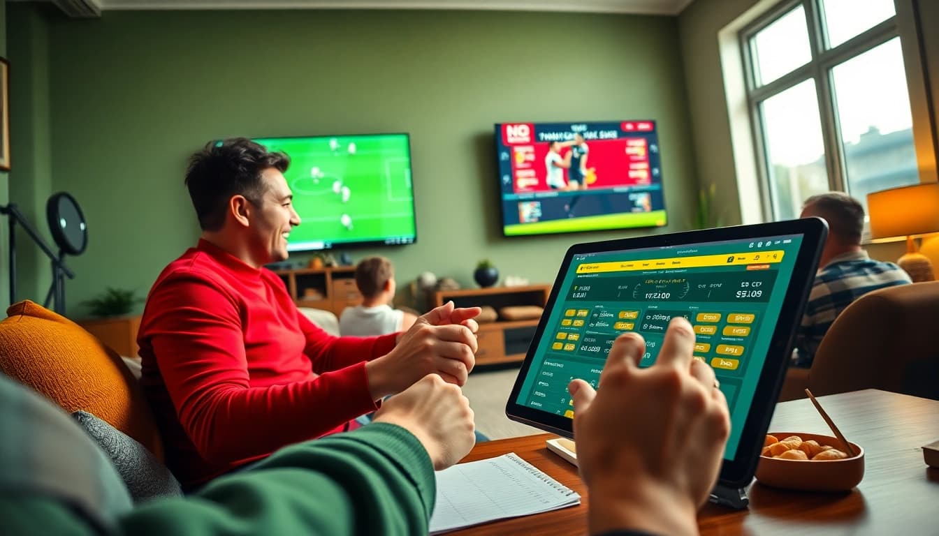 Engaging kèo nhà cái scene with a user interacting with sports betting odds on a digital tablet, surrounded by a vibrant atmosphere.