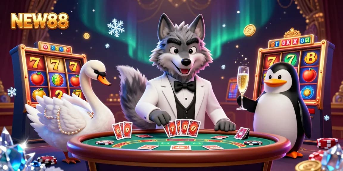 Experience thrilling slot games at NEW88 with a debonair wolf, elegant swan, and sophisticated penguin.