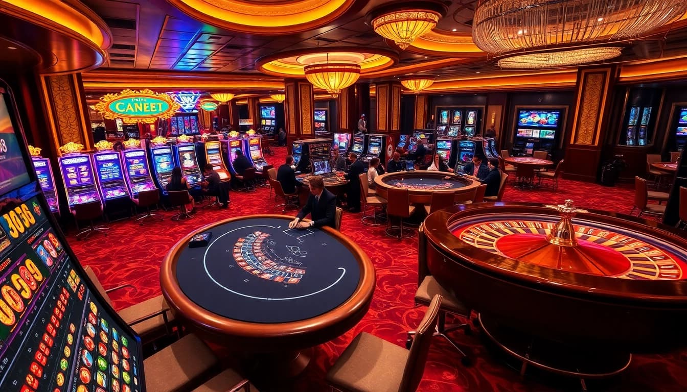 Players enjoying high-stakes games at sx88 casino, engaging with dealers and slot machines.