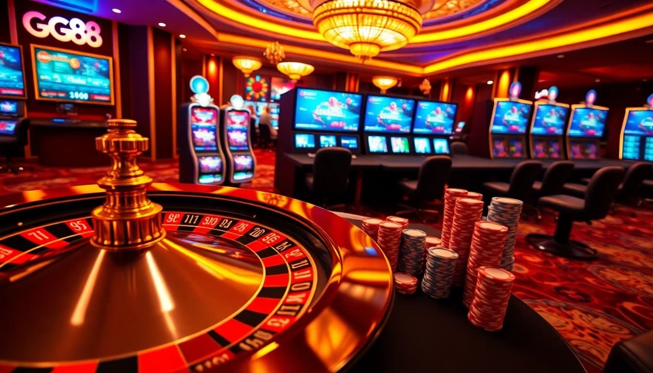 Experience the thrill of gaming at GG88 with vibrant roulette wheels and colorful poker chips.