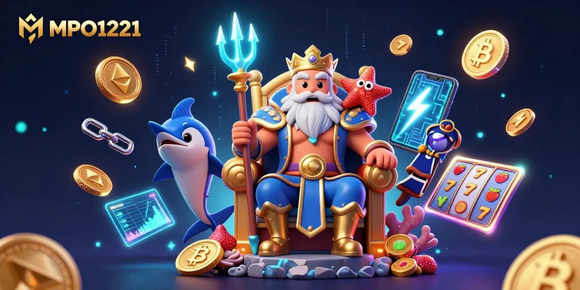MPO1221 meningkatkan keseruan bermain dengan Neptune dan karakter yang menikmati permainan slot yang berwarna-warni serta elemen crypto.