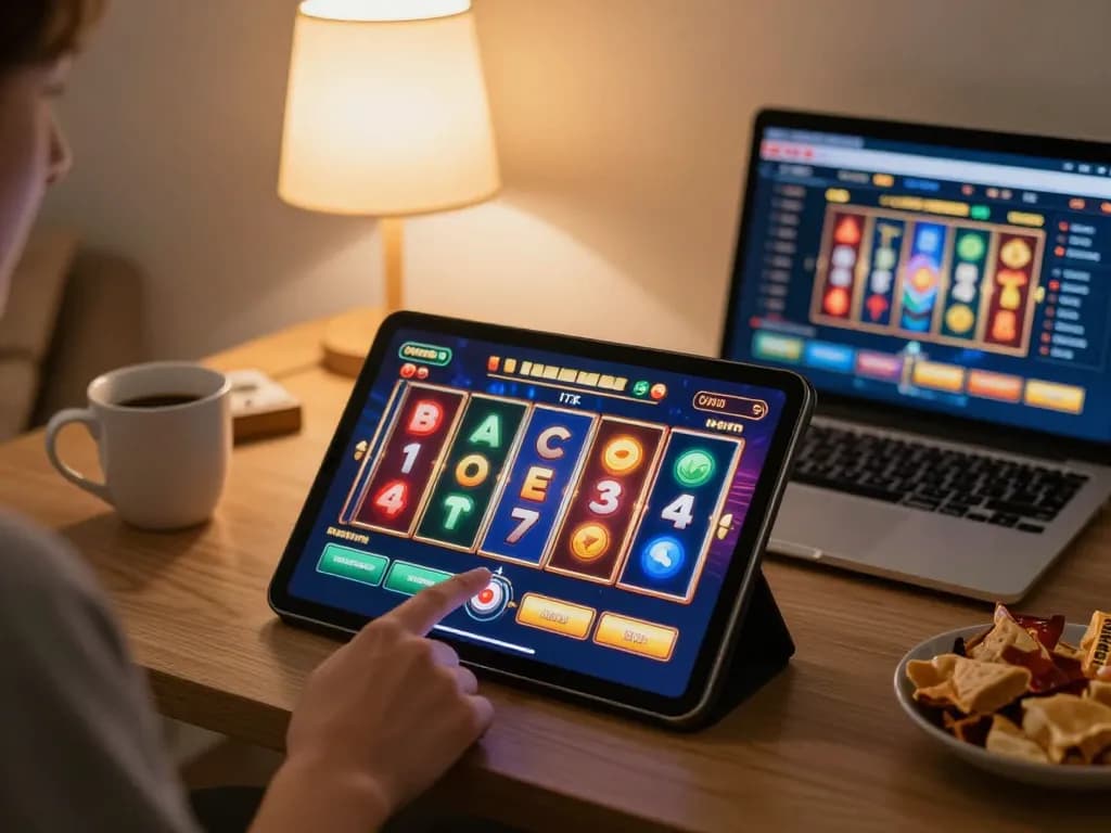 Pemain yang terlibat memutar gulungan slot berwarna-warni di tablet dalam suasana rumah yang nyaman.