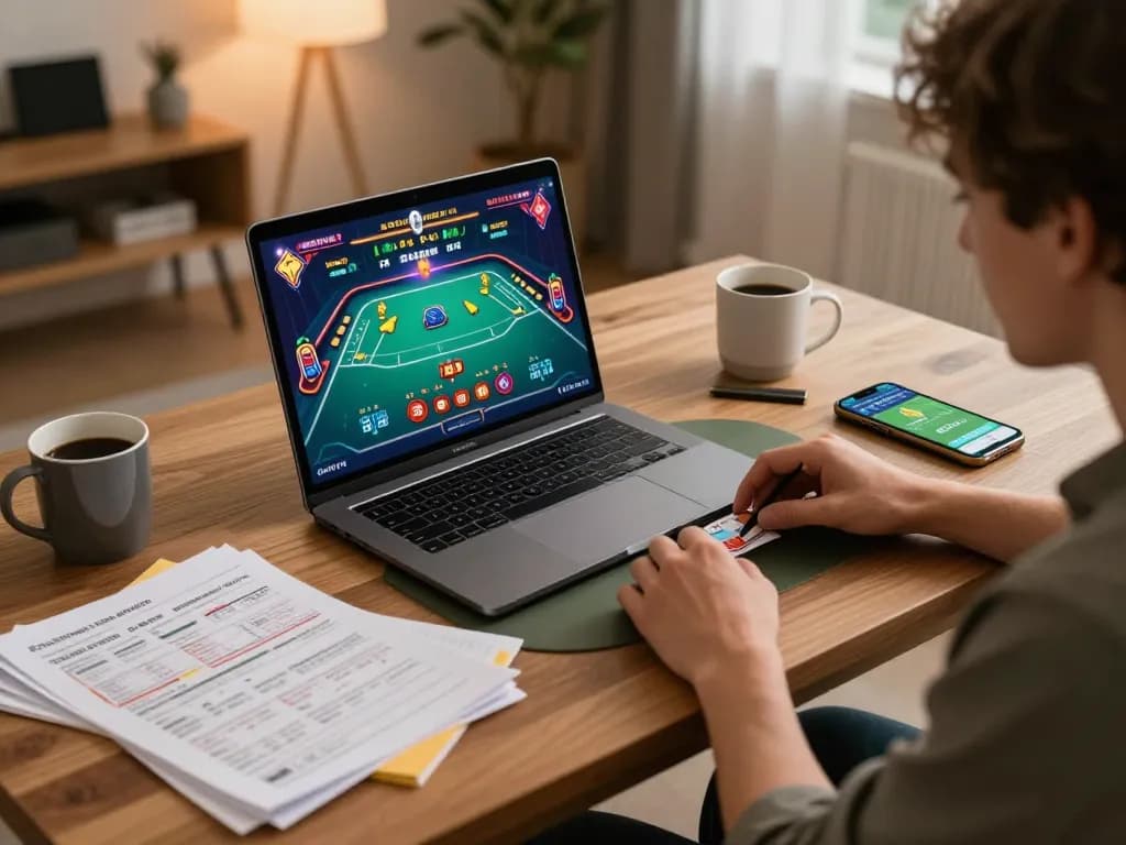 Player engaged in sc881 online blackjack, showcasing strategic gameplay on laptop in cozy home setup