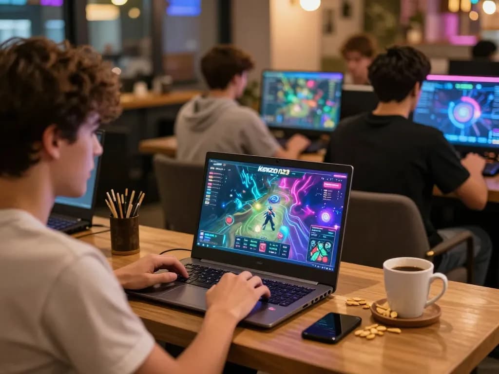 Memainkan permainan KENZO123 secara online di kedai kopi yang nyaman dengan grafik yang berwarna-warni di laptop
