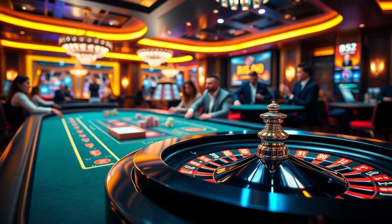 B52 online casino players engaging in thrilling poker action at a luxurious table.