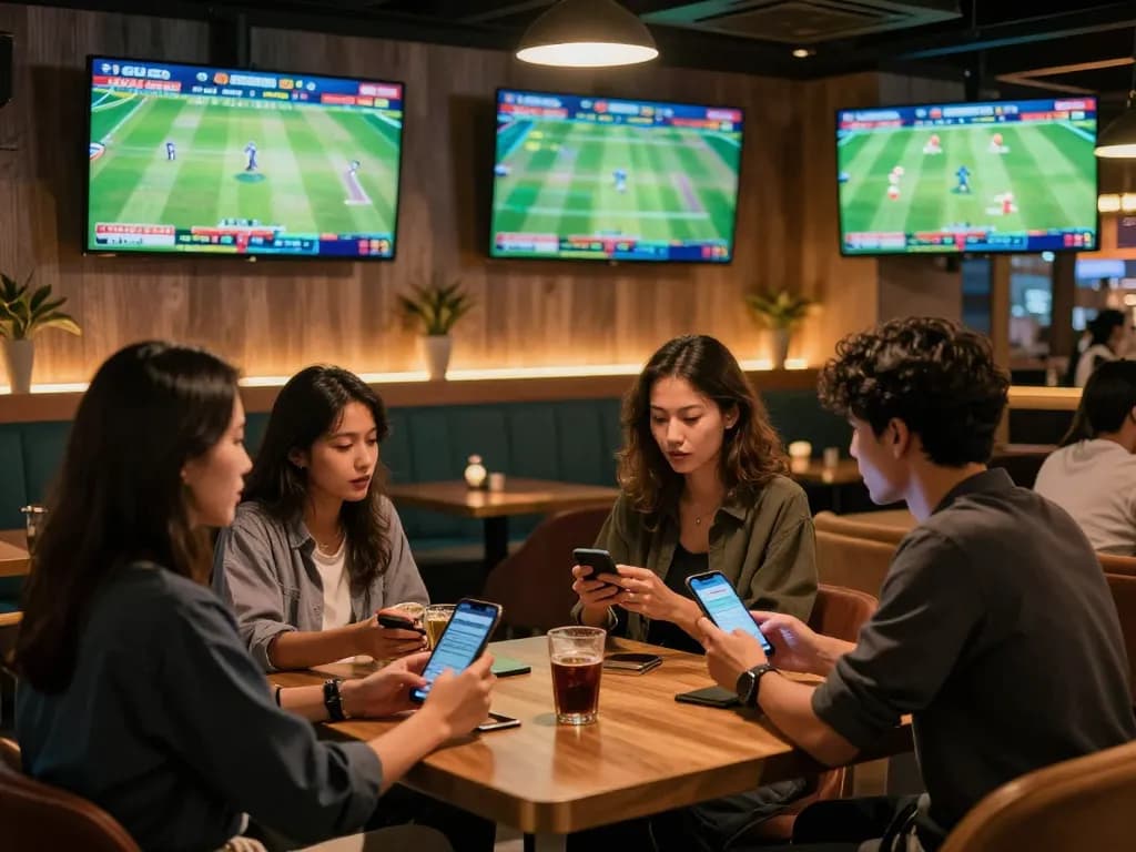 Engaged bettors placing bets on their phones at https://crickex.fit/ cricket lounge with live match screens.