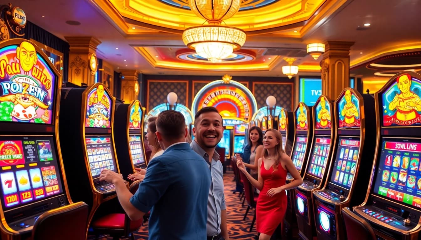 Players enjoying engaging slot games at a vibrant casino environment with colorful slot machines.