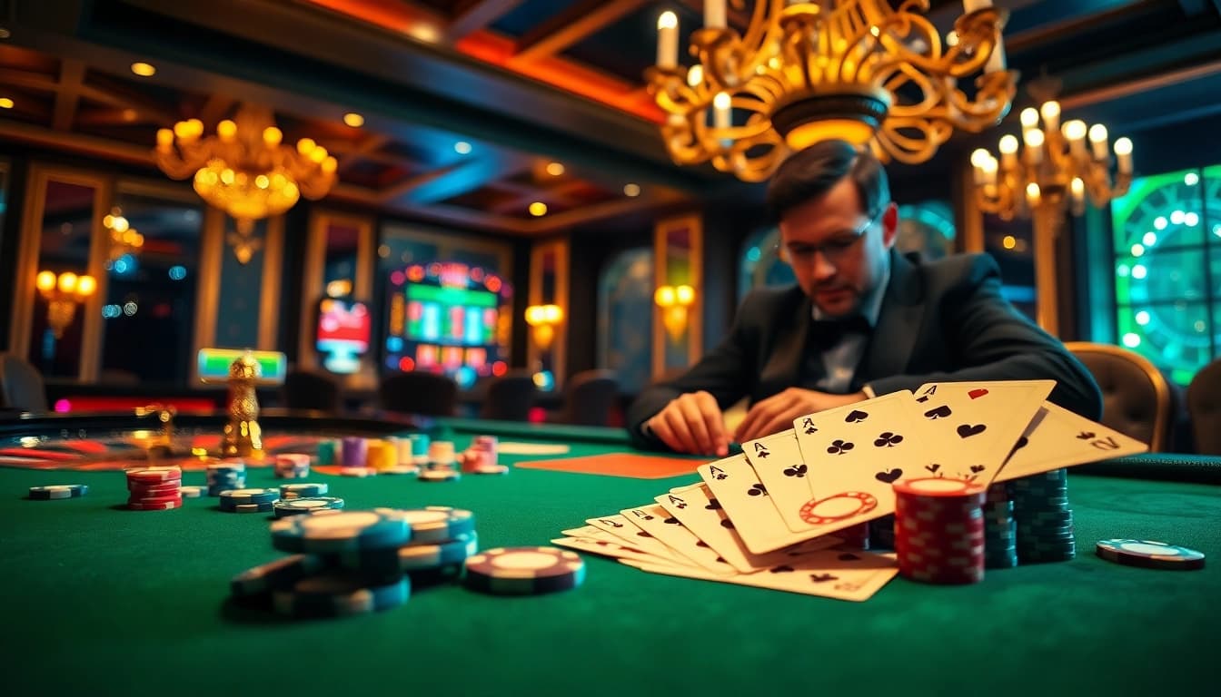 Experience the thrill of high-stakes gambling with Okking poker chips and cards on a vibrant table.