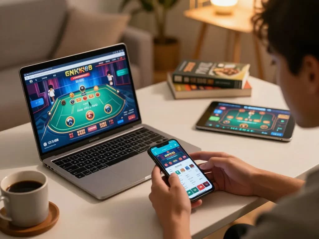 Player enjoying GNK88 casino app on smartphone at home, highlighting online gaming atmosphere.