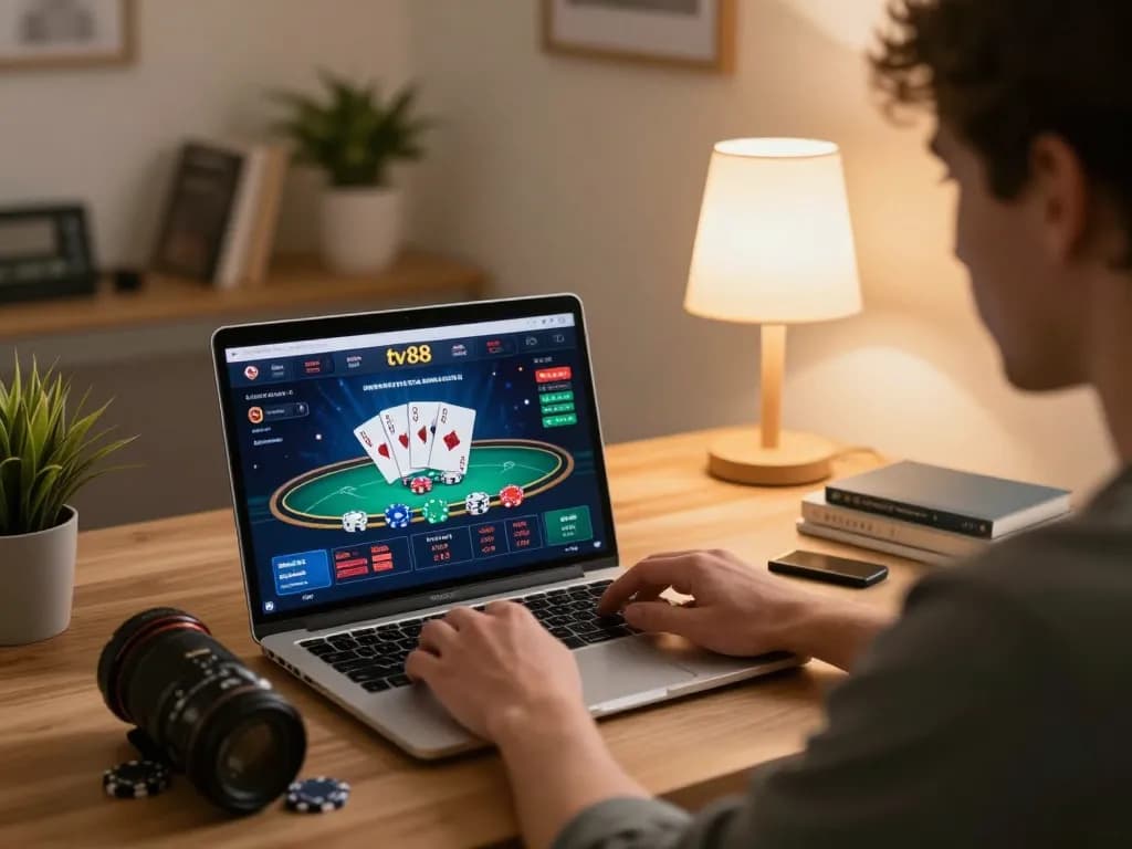 Engaged player using tv88 casino interface on laptop in a cozy home workspace, featuring vibrant poker gameplay.