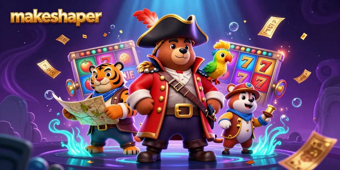 Engage with makeshaper as characters spin slot reels and scatter golden tickets in this vibrant casino scene.