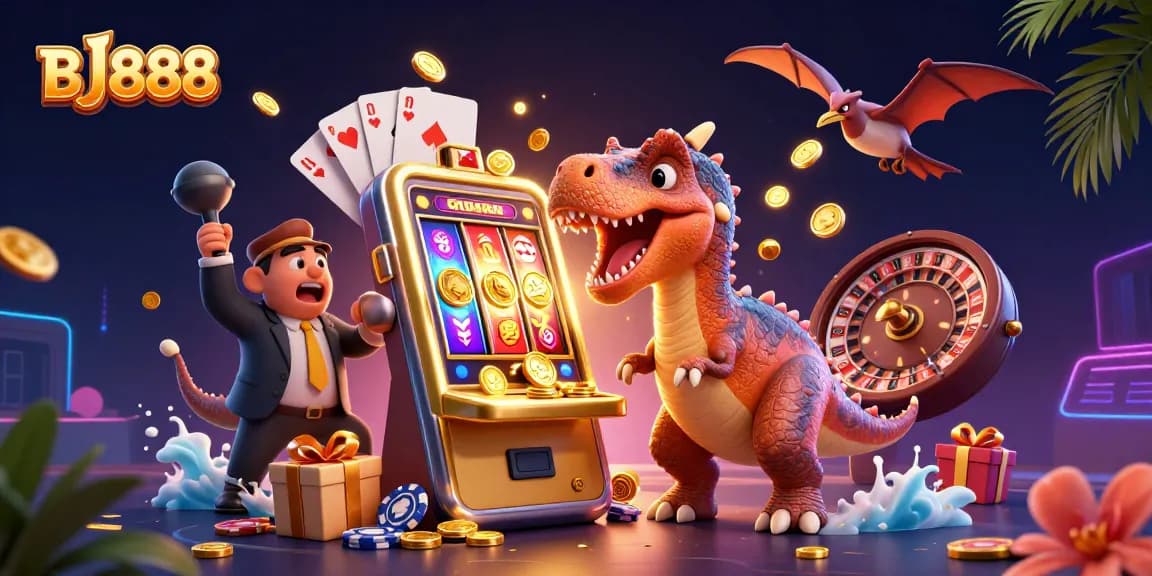 BJ888 features a 3D pachycephalosaurus celebrating jackpot wins at a casino with a gold slot machine.