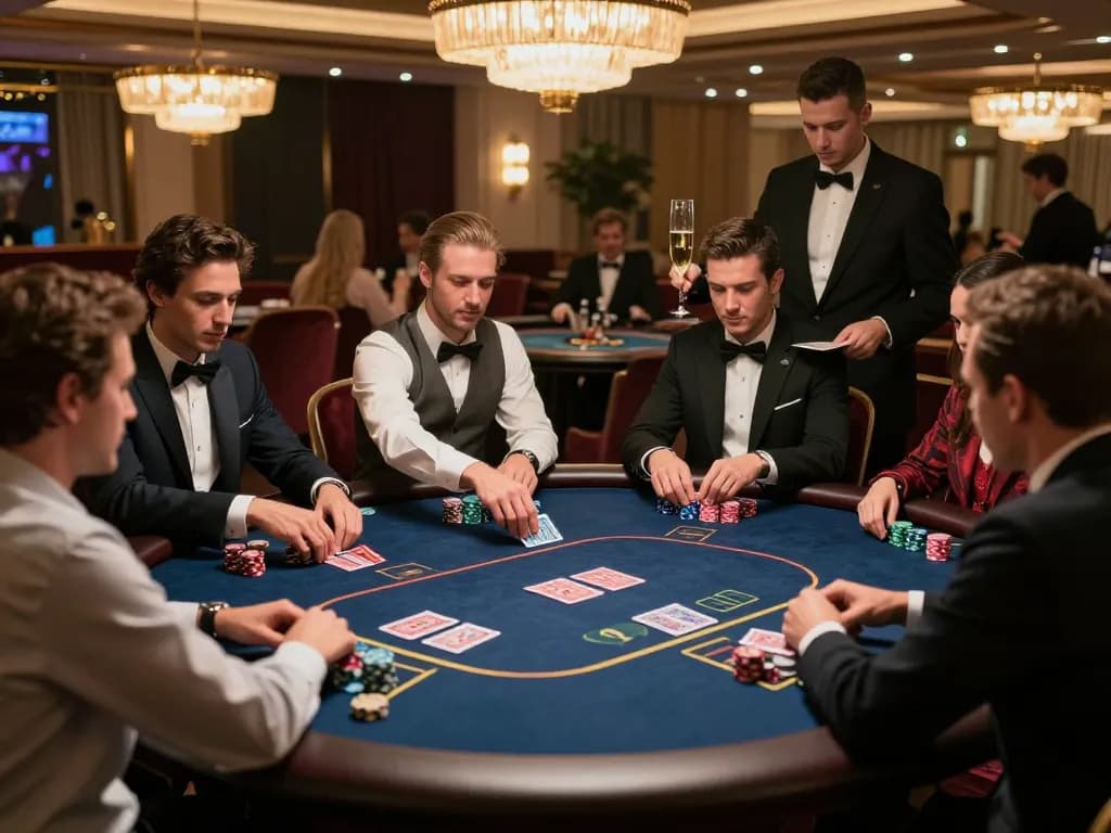 Players engaging in a strategic kdslot game at a luxury casino poker table, illuminated by warm chandelier light.