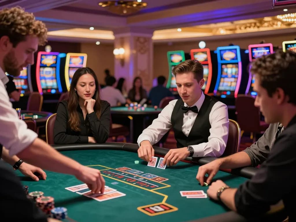 Players strategizing and preparing to register patokbet at a busy blackjack table in Las Vegas.