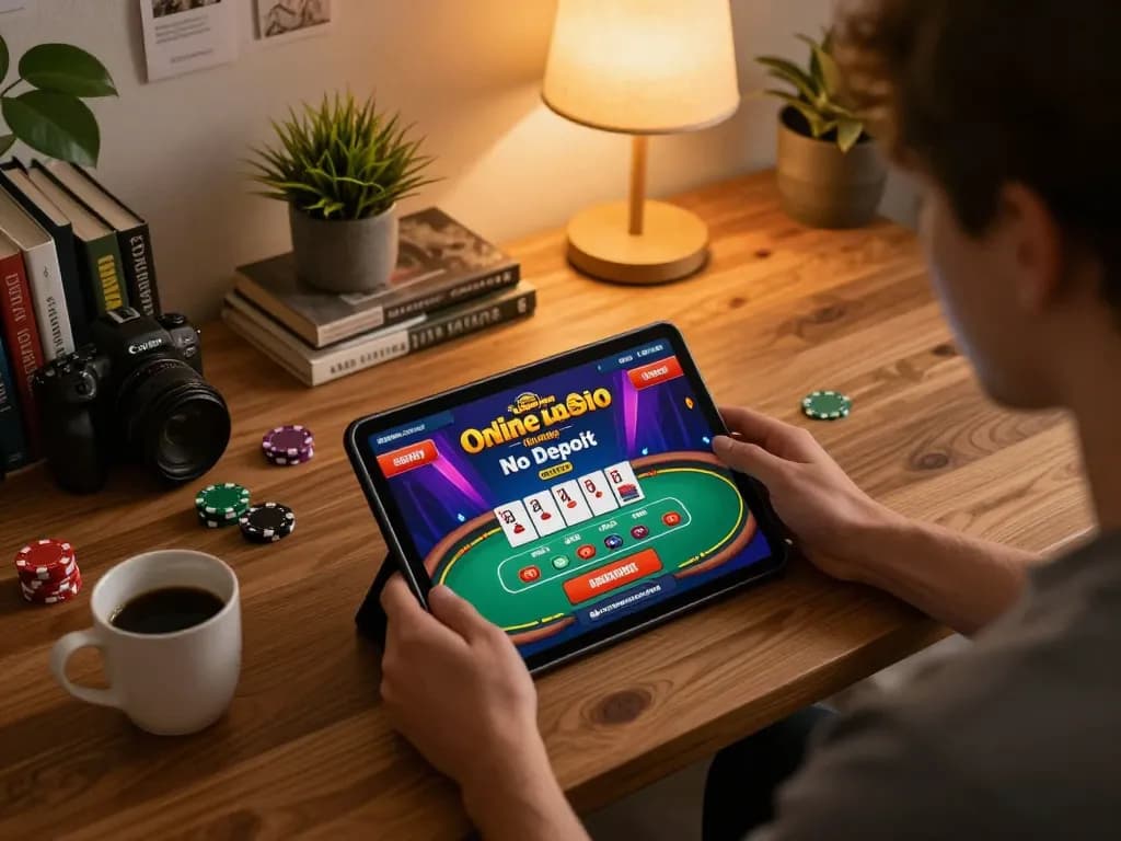 Engaging in Online Casino No Deposit gameplay on a tablet in a cozy living room