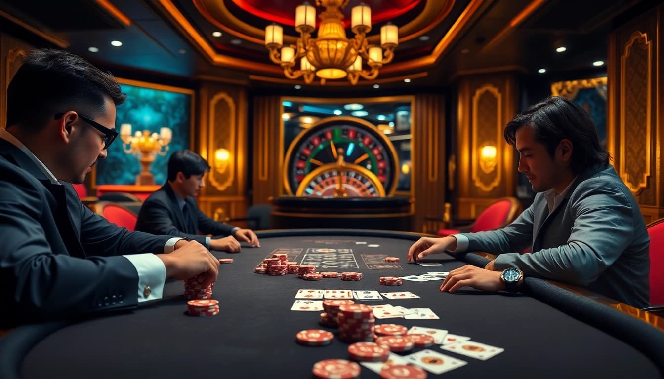 NEW88 casino players strategizing at a luxurious poker table in an elegant atmosphere.