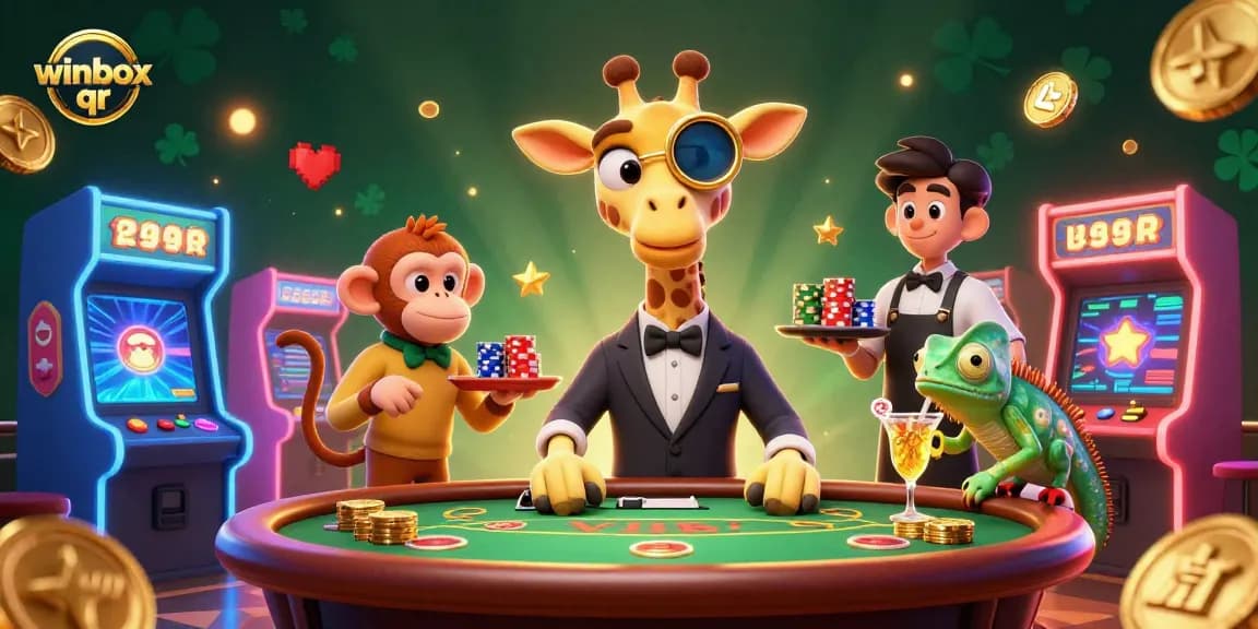 Experience gaming with winbox qr in a vibrant 3D scene filled with animated casino elements.