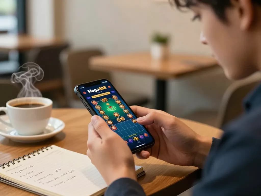 Mega888 Official app interface displayed on a smartphone as a user prepares to place a bet in a cozy café.