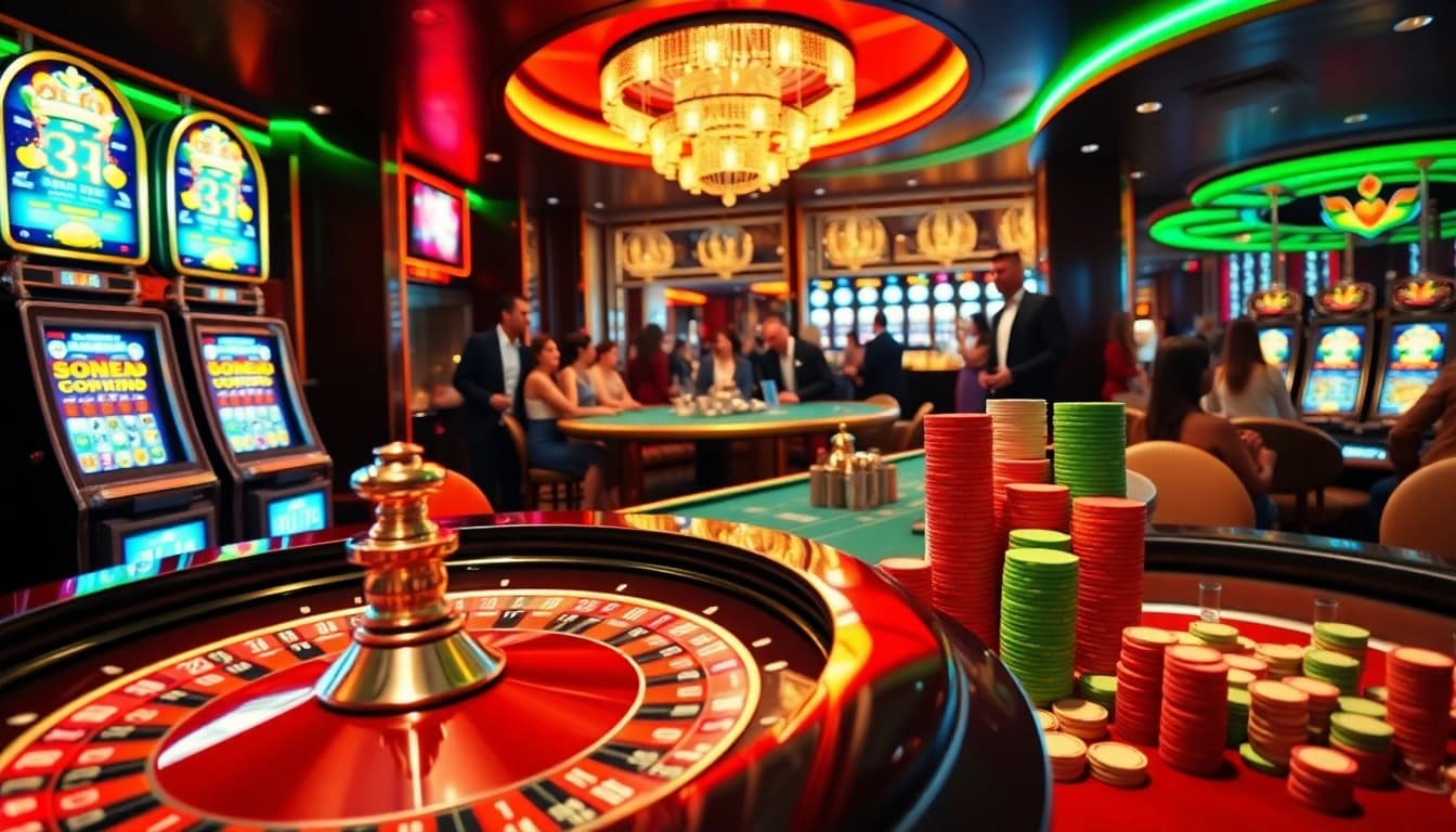 Engaged players enjoying a lively U31 casino experience at roulette and slot machines.
