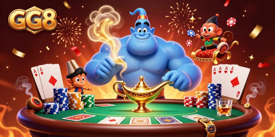 Experience exciting gameplay with GG8 at a lively casino scene featuring a magical genie and poker elements.