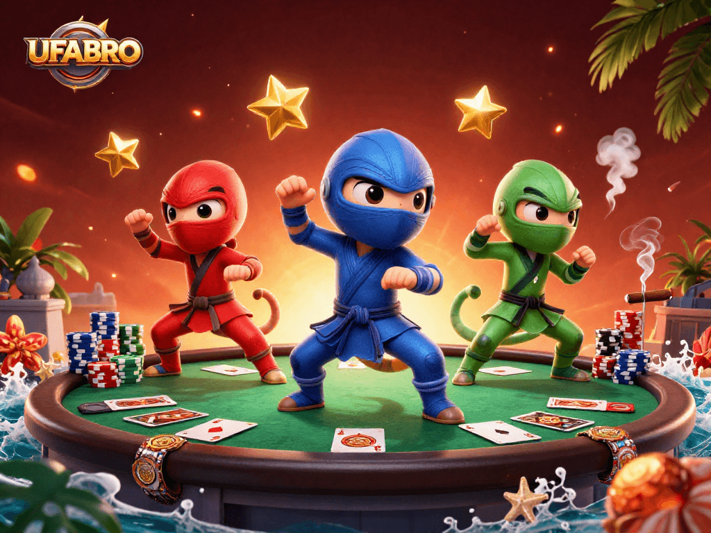 Experience thrilling action with UFABRO, featuring ninja chameleons amidst a vibrant casino scene.