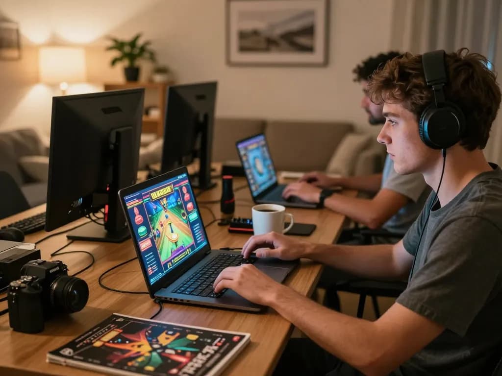 การมีส่วนร่วมกับดูหนังใหม่ในขณะที่สนุกกับการเล่นเกมที่บ้านอย่างสะดวกสบายพร้อมกับแล็ปท็อปและเครื่องดื่ม
