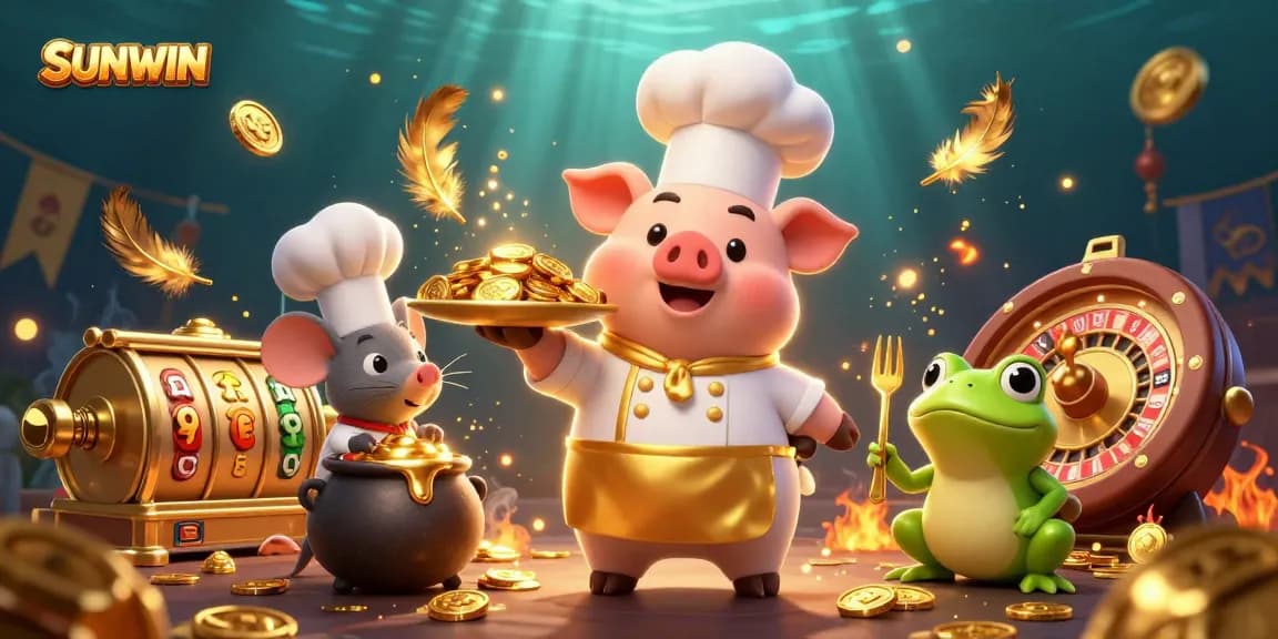 Experience excitement at SUNWIN with a 3D cartoon chef pig serving gold coins in a dynamic casino scene.