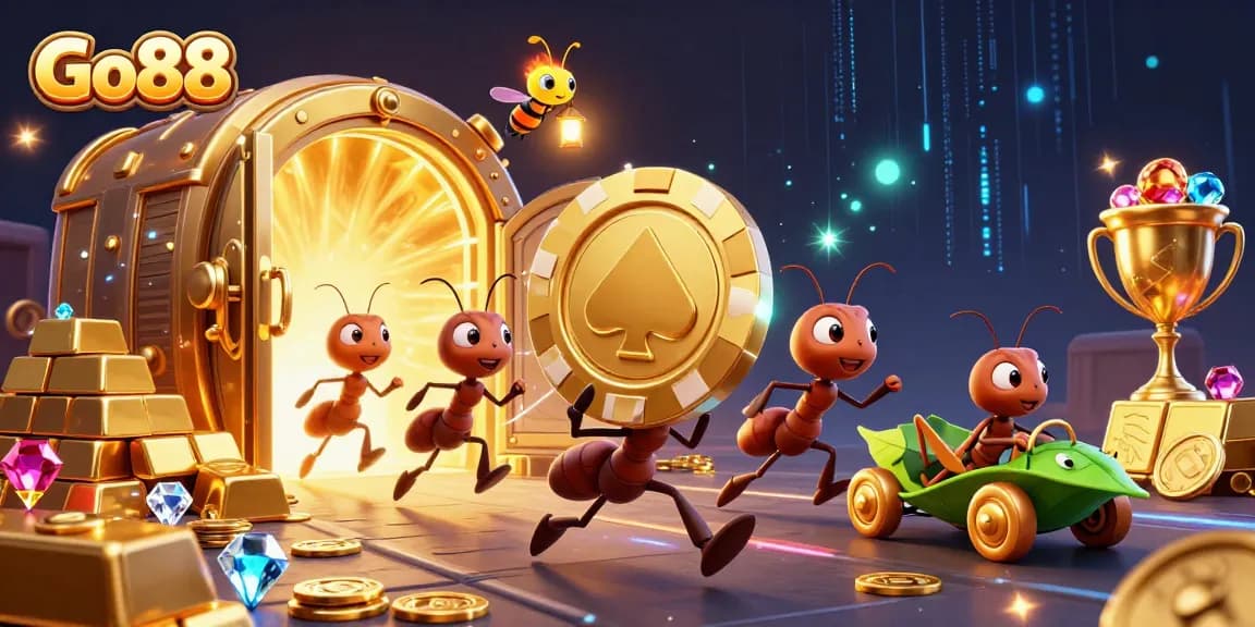 Go88 ants carry a giant poker chip through a tunnel towards a golden vault in a vibrant heist scene.