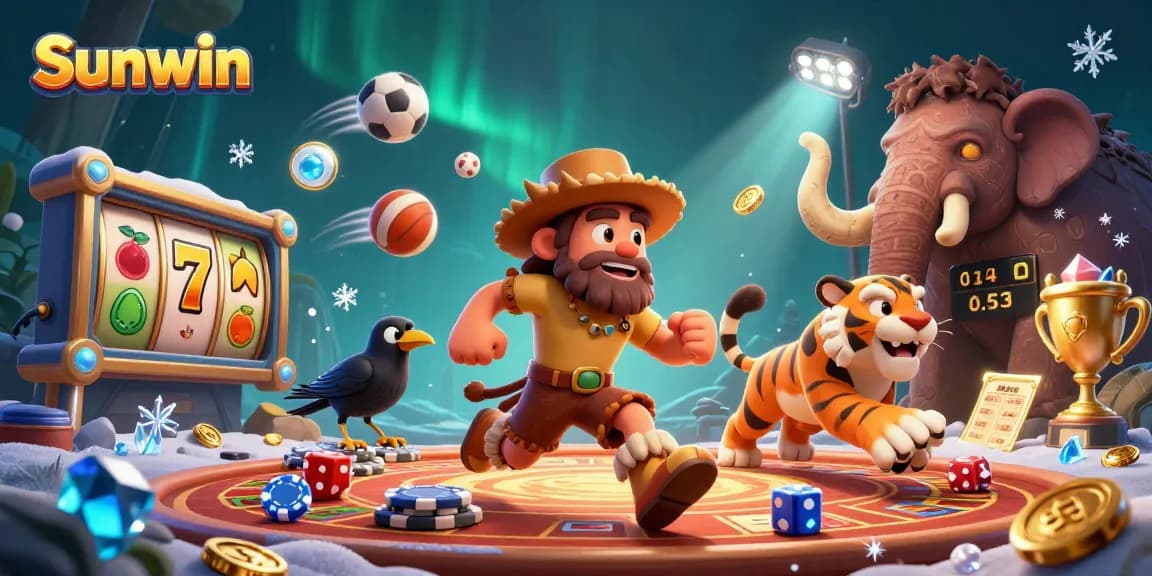 Engage with Sunwin's thrilling games at a vibrant prehistoric casino led by a caveman and tiger duo.