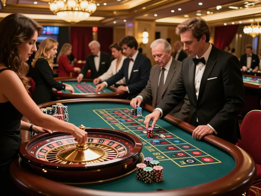 Pemain bersemangat memasang taruhan di meja roulette KING55, suasana kasino yang dinamis.