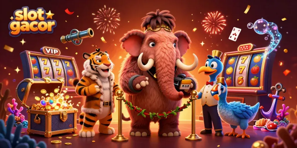 Gambarkan slot gacor dengan borweggas maskot dan dekorasi yang meriah di kasino virtual.