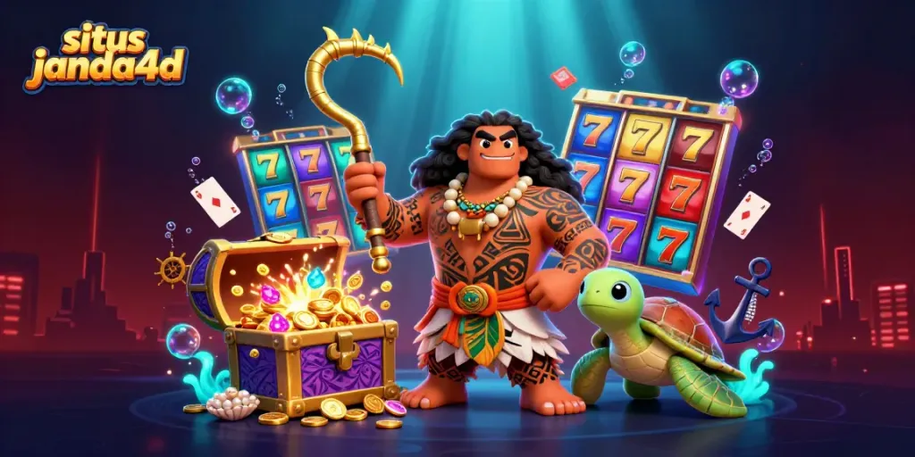 Gambar berwarna cerah situs janda4d dengan karakter dan elemen permainan kasino menarik.