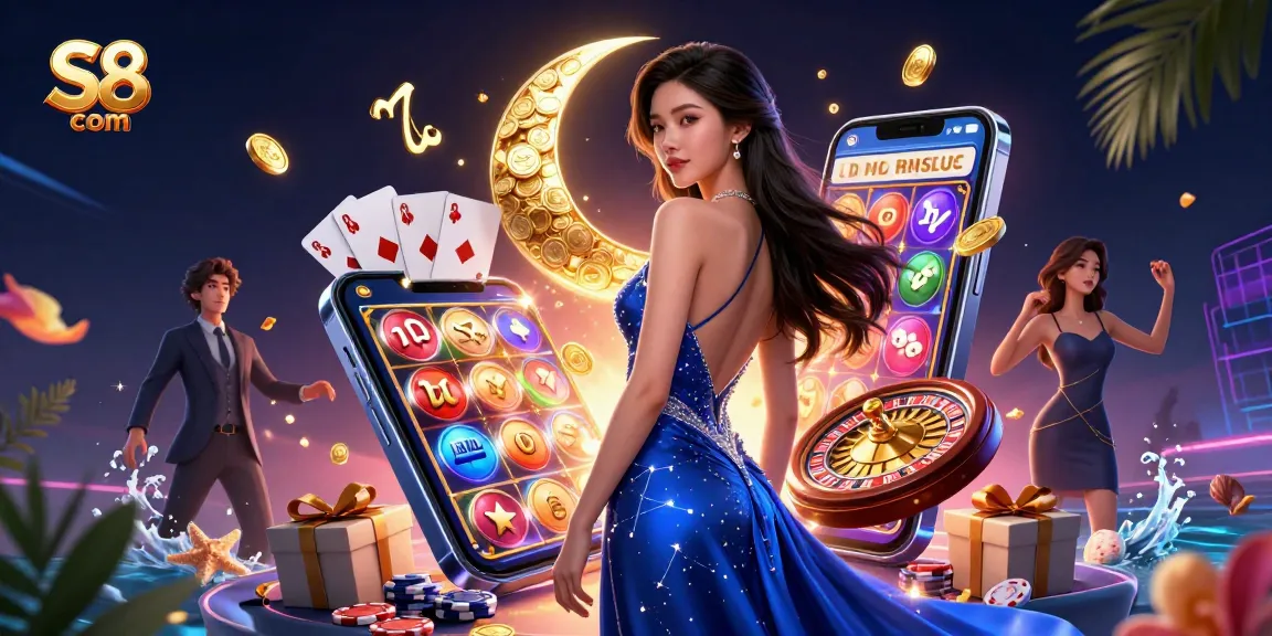 Experience dynamic gaming at S8 com with golden coins, spinning slot reels, and a vibrant casino scene.