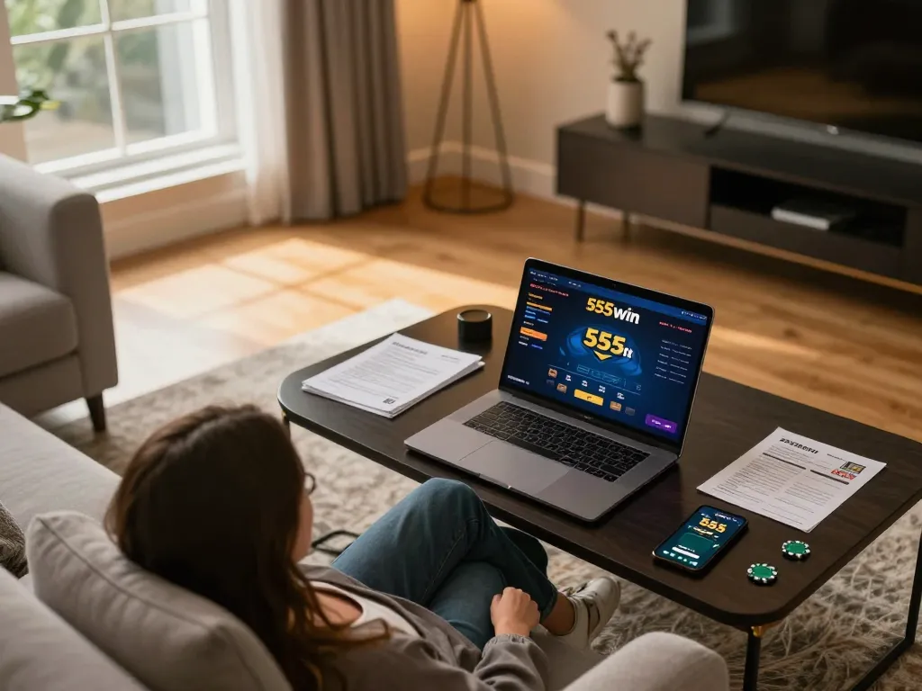 Engaging home gaming session on 555win poker with cozy atmosphere and strategic elements