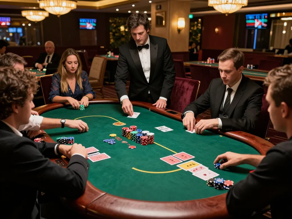 Players strategizing and placing bets at a dynamic poker table, featuring a comprehensive 주소모음 of gameplay.
