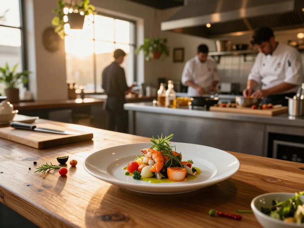 Experience dining at https://www.theshackok.com/ with chefs preparing gourmet seafood dishes in a warm kitchen.