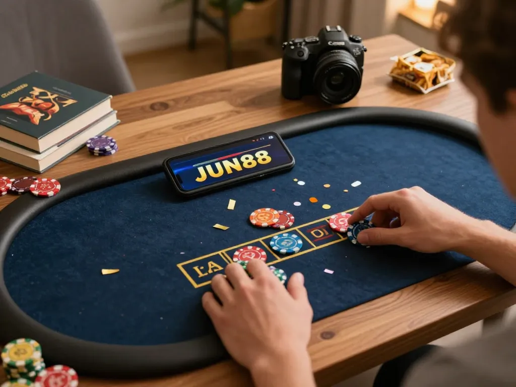 Experience the thrill of real-time betting at JUN88 with this engaging mobile poker setup.