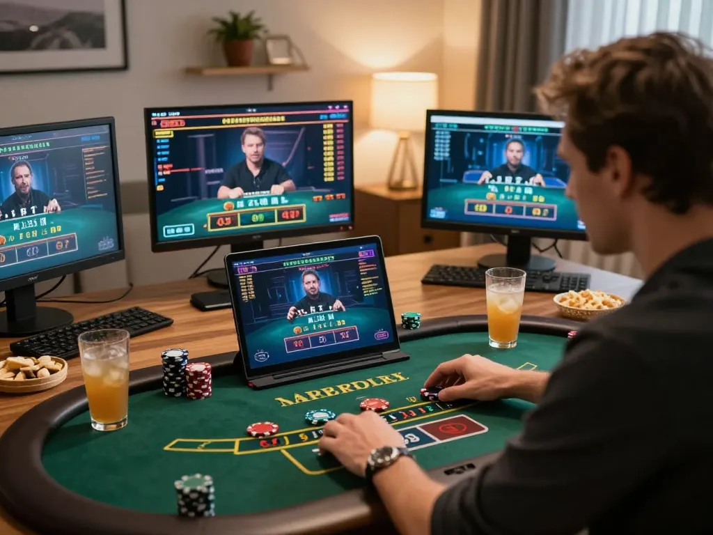 Player engaging in live blackjack game on FC88, capturing excitement and strategy in cozy home setting