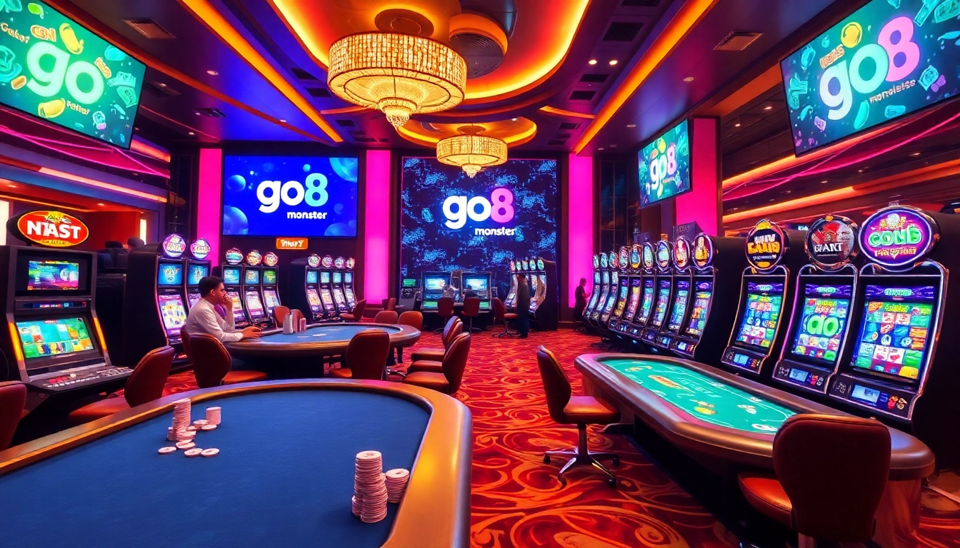 Engaging online gambling with https://go8.monster/ featuring luxurious tables and vibrant poker chips.
