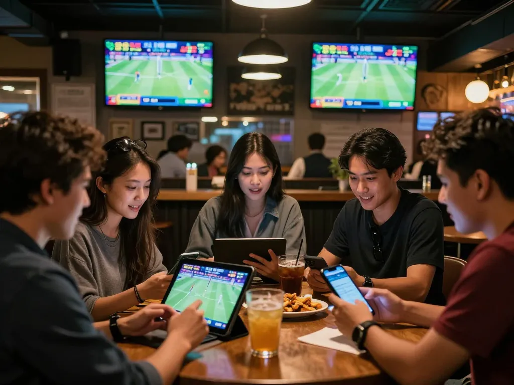 Excited patrons engaged in betting on tỷ lệ kèo nhà cái 5 during a lively sports event at a sports bar, showcasing mobile bet placements.