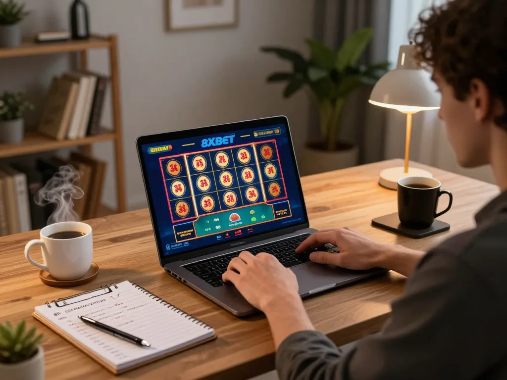Engaged player enjoying online gaming experience at nhà cái 8xbet, showcasing vibrant casino games and strategic notes.