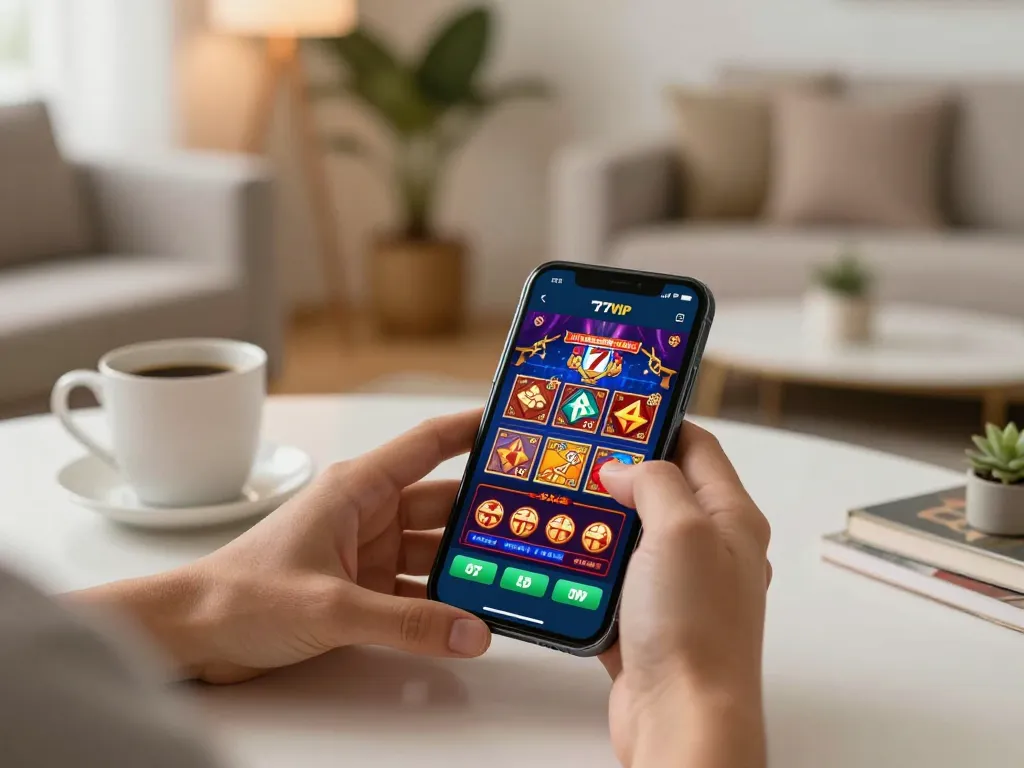 Player using the 777VIP app on a smartphone in a cozy living space