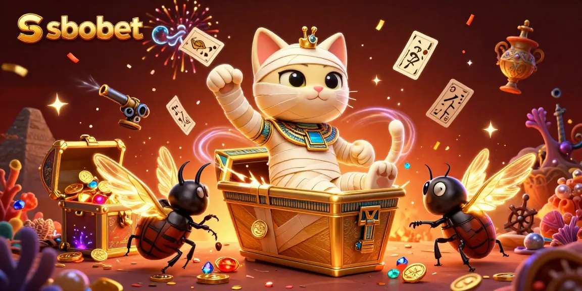 Place your bets and enjoy sbobet's vibrant casino atmosphere featuring a mummy cat and treasures.